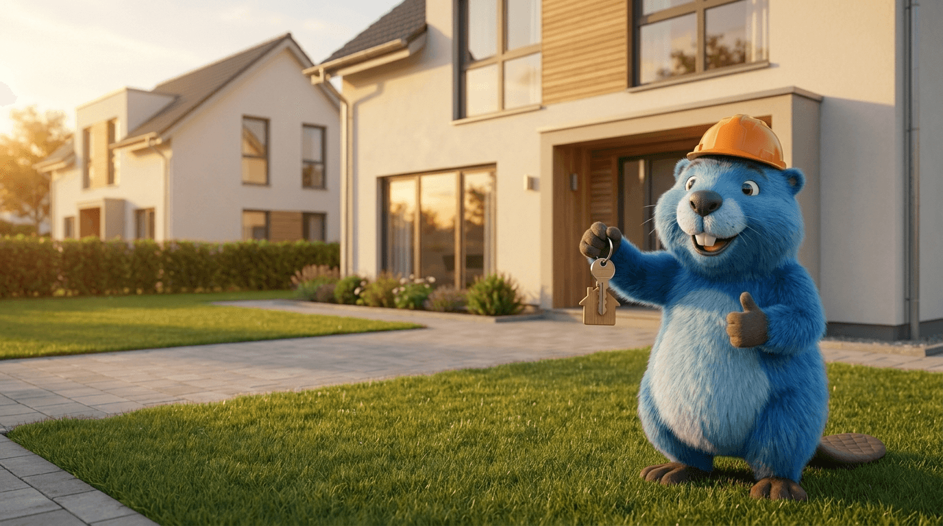 Bibi mit Bauhelm vor einem neu gebauten Einfamilienhaus in der Abendsonne