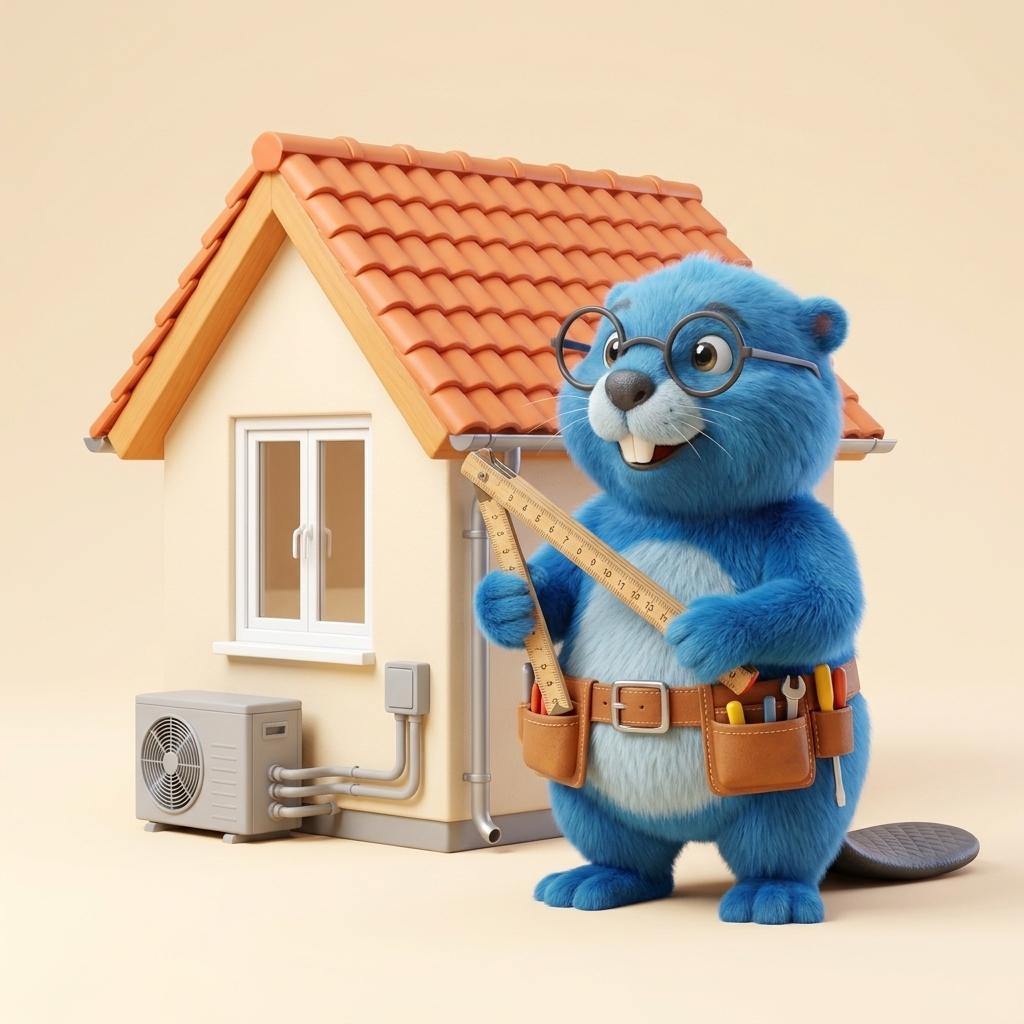 Bibi der Biber als Handwerker vor einem modernisierten Haus.