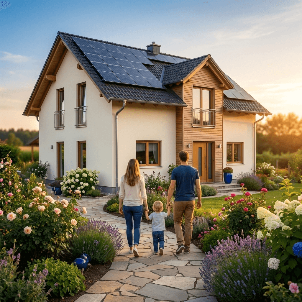 Familie auf dem Weg zu ihrem fertigen Haus