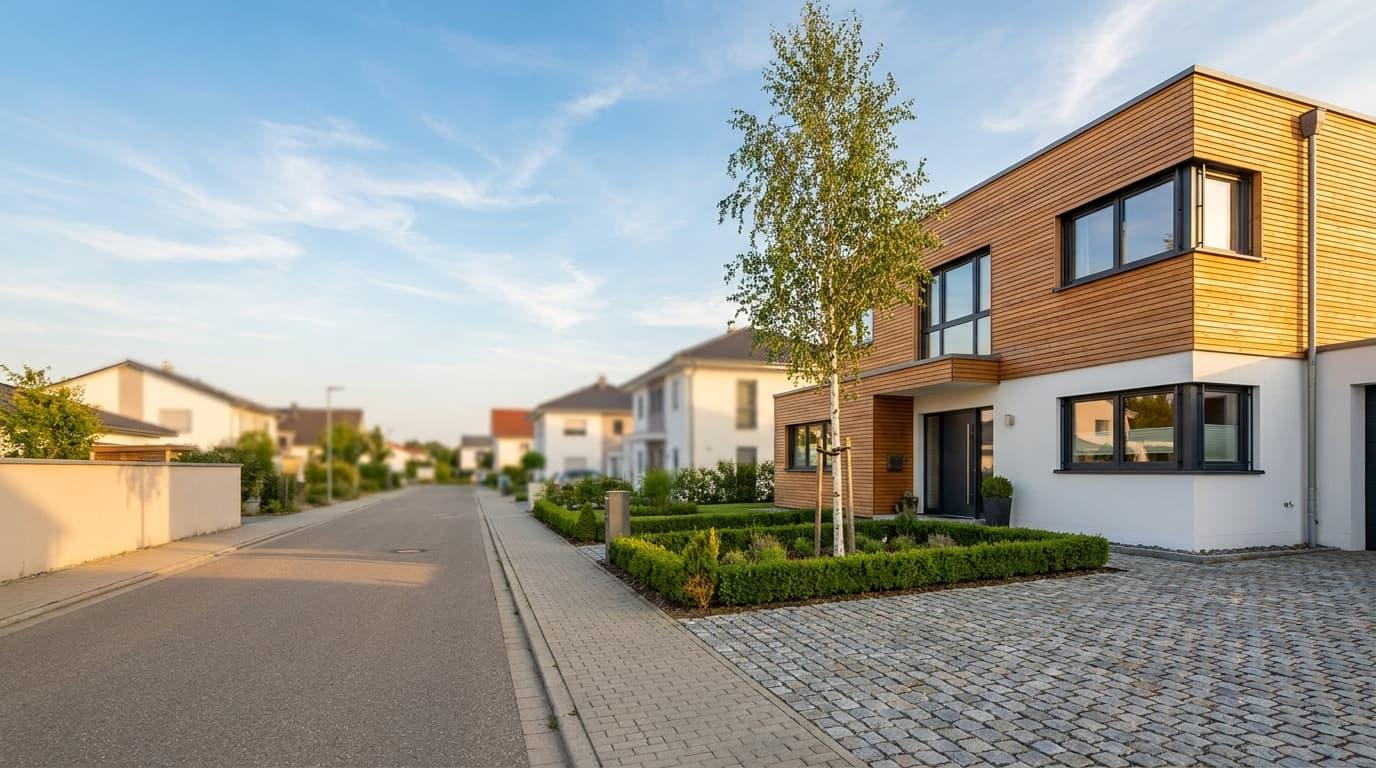 Modernes Wohnhaus mit Vorgarten in einer ruhigen Wohnstraße